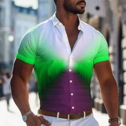 Outlet OUKU Men's Dress Shirt Printed Shirts Geometric Pattern Outdoor Street Blue Orange Green Short Sleeve Turndown Summer Clothing Apparel Print