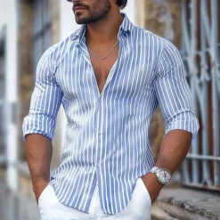 Online OUKU Men's Dress Shirt Printed Shirts Stripe Street Wear to work Royal Blue Blue Gray Long Sleeve Turndown Spring & Summer Clothing Apparel Print