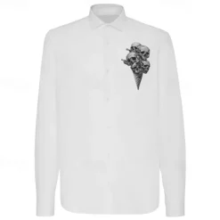 Hot OUKU Men's Dress Shirt Printed Shirts Skeleton Vacation Party Black White Long Sleeve Turndown Summer Spring Clothing Apparel Print