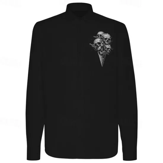 Hot OUKU Men's Dress Shirt Printed Shirts Skeleton Vacation Party Black White Long Sleeve Turndown Summer Spring Clothing Apparel Print