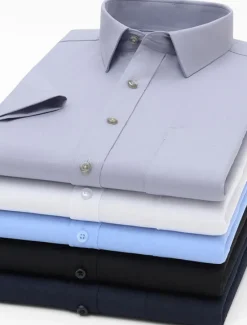 Online OUKU Men's Dress Shirt Solid / Plain Color Wedding Office & Career Light Blue Black White Dark Navy Short Sleeve Shirt Collar Spring & Summer Clothing Apparel