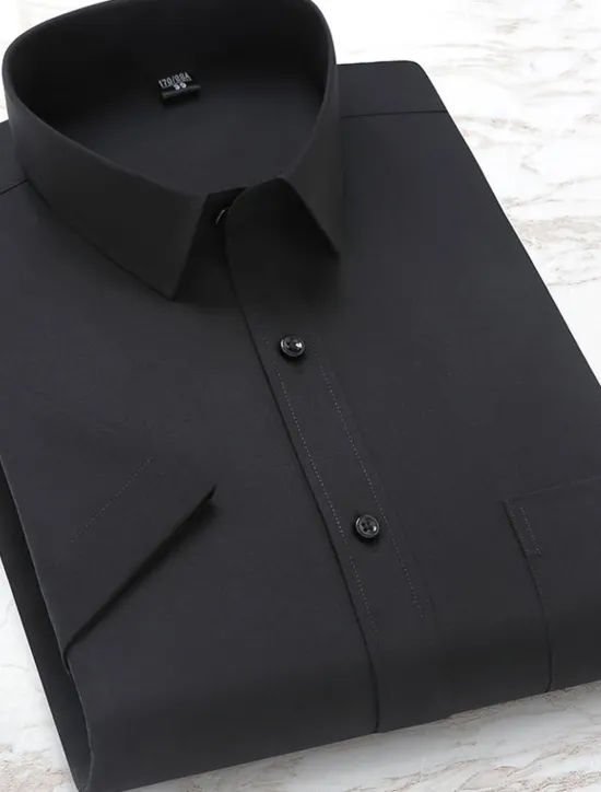 Online OUKU Men's Dress Shirt Solid / Plain Color Wedding Office & Career Light Blue Black White Dark Navy Short Sleeve Shirt Collar Spring & Summer Clothing Apparel