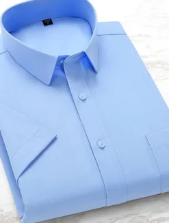 Online OUKU Men's Dress Shirt Solid / Plain Color Wedding Office & Career Light Blue Black White Dark Navy Short Sleeve Shirt Collar Spring & Summer Clothing Apparel
