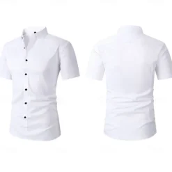 Online OUKU Men's Dress Shirt Stretch Plain Business / Ceremony / Wedding Black White Pink Navy Blue Short Sleeve Collar Summer Spring Clothing Apparel