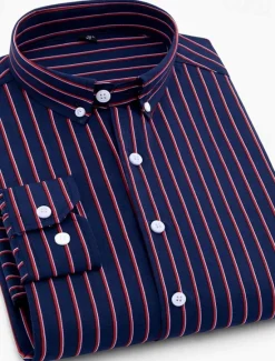 Discount OUKU Men's Dress Shirt Striped Shirt Wrinkle Resistant Stretch Stripes and Plaid Wedding Office & Career Black Yellow Dark Pink Red Long Sleeve Turndown All Seasons Clothing Apparel