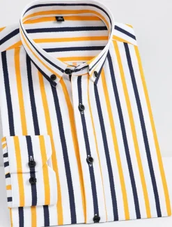 Discount OUKU Men's Dress Shirt Striped Shirt Wrinkle Resistant Stretch Stripes and Plaid Wedding Office & Career Black Yellow Dark Pink Red Long Sleeve Turndown All Seasons Clothing Apparel