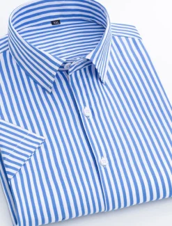 New OUKU Men's Dress Shirt Striped Shirt Plaid / Striped / Chevron / Round Wedding Office & Career Black White Dark Navy Navy Blue Short Sleeve Shirt Collar Spring & Summer Clothing Apparel