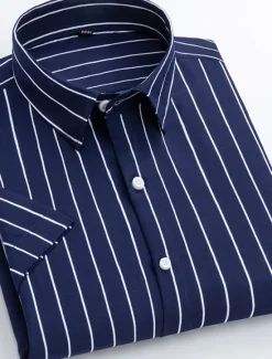 New OUKU Men's Dress Shirt Striped Shirt Plaid / Striped / Chevron / Round Wedding Office & Career Black White Dark Navy Navy Blue Short Sleeve Shirt Collar Spring & Summer Clothing Apparel