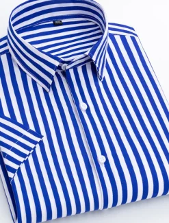 New OUKU Men's Dress Shirt Striped Shirt Plaid / Striped / Chevron / Round Wedding Office & Career Black White Dark Navy Navy Blue Short Sleeve Shirt Collar Spring & Summer Clothing Apparel
