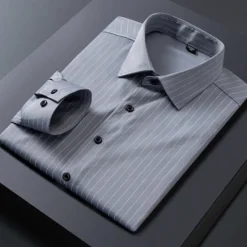 New OUKU Men's Dress Shirt Striped Shirt Non Iron Shirt Wedding Outdoor Black White Gray Long Sleeve Collar Summer Spring Clothing Apparel