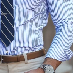 Discount OUKU Men's Dress Shirt Striped Shirt Button Down Shirt Striped Wedding Back to Office Long Sleeve Clothing Apparel Blue