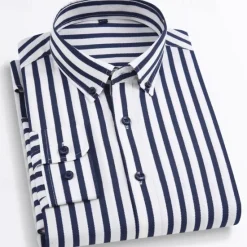 Online OUKU Men's Dress Shirt Striped Shirt Wrinkle Resistant Stretch Wedding Outdoor Light Blue Black Yellow Navy Blue Long Sleeve Collar Summer Spring Clothing Apparel