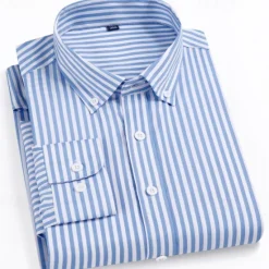 Online OUKU Men's Dress Shirt Striped Shirt Wrinkle Resistant Stretch Wedding Outdoor Light Blue Black Yellow Navy Blue Long Sleeve Collar Summer Spring Clothing Apparel