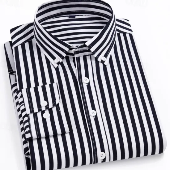 Online OUKU Men's Dress Shirt Striped Shirt Wrinkle Resistant Stretch Wedding Outdoor Light Blue Black Yellow Navy Blue Long Sleeve Collar Summer Spring Clothing Apparel