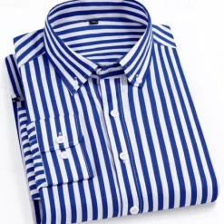 Online OUKU Men's Dress Shirt Striped Shirt Wrinkle Resistant Stretch Wedding Outdoor Light Blue Black Yellow Navy Blue Long Sleeve Collar Summer Spring Clothing Apparel