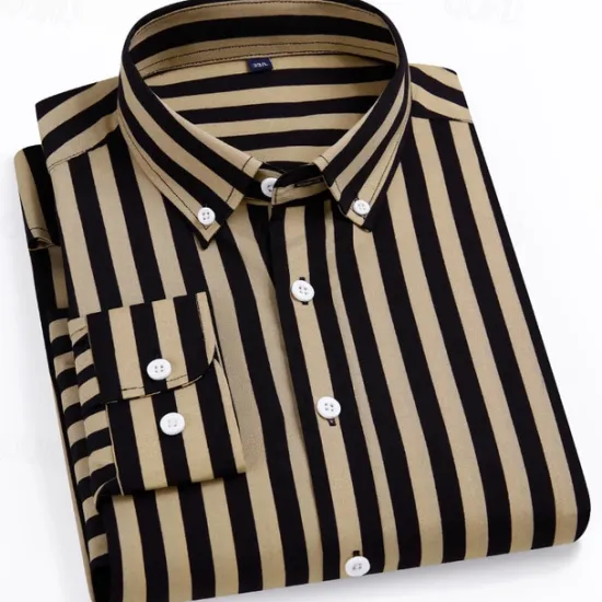 Online OUKU Men's Dress Shirt Striped Shirt Wrinkle Resistant Stretch Wedding Outdoor Light Blue Black Yellow Navy Blue Long Sleeve Collar Summer Spring Clothing Apparel