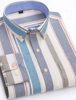 New OUKU Men's Dress Shirt Striped Shirt Button Down Shirt Non Iron Shirt Oxford Shirt Plaid / Striped / Chevron / Round Wedding Office & Career Light Blue Dark Red Red Dark Navy Long Sleeve Shirt Collar All