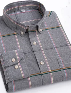 New OUKU Men's Dress Shirt Striped Shirt Button Down Shirt Non Iron Shirt Oxford Shirt Plaid / Striped / Chevron / Round Wedding Office & Career Light Blue Dark Red Red Dark Navy Long Sleeve Shirt Collar All