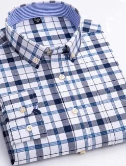 New OUKU Men's Dress Shirt Striped Shirt Button Down Shirt Non Iron Shirt Oxford Shirt Plaid / Striped / Chevron / Round Wedding Office & Career Light Blue Dark Red Red Dark Navy Long Sleeve Shirt Collar All