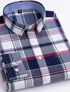 New OUKU Men's Dress Shirt Striped Shirt Button Down Shirt Non Iron Shirt Oxford Shirt Plaid / Striped / Chevron / Round Wedding Office & Career Light Blue Dark Red Red Dark Navy Long Sleeve Shirt Collar All