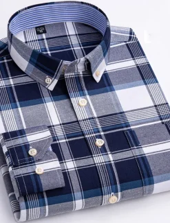 New OUKU Men's Dress Shirt Striped Shirt Button Down Shirt Non Iron Shirt Oxford Shirt Plaid / Striped / Chevron / Round Wedding Office & Career Light Blue Dark Red Red Dark Navy Long Sleeve Shirt Collar All