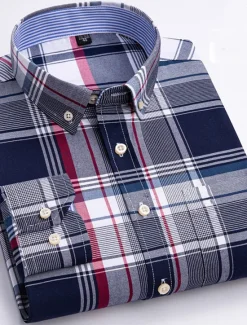 New OUKU Men's Dress Shirt Striped Shirt Button Down Shirt Non Iron Shirt Oxford Shirt Plaid / Striped / Chevron / Round Wedding Office & Career Light Blue Dark Red Red Dark Navy Long Sleeve Shirt Collar All