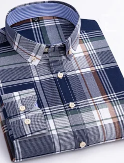 New OUKU Men's Dress Shirt Striped Shirt Button Down Shirt Non Iron Shirt Oxford Shirt Plaid / Striped / Chevron / Round Wedding Office & Career Light Blue Dark Red Red Dark Navy Long Sleeve Shirt Collar All