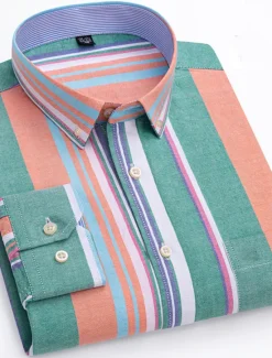 New OUKU Men's Dress Shirt Striped Shirt Button Down Shirt Non Iron Shirt Oxford Shirt Plaid / Striped / Chevron / Round Wedding Office & Career Light Blue Dark Red Red Dark Navy Long Sleeve Shirt Collar All