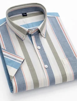 OUKU Men's Dress Shirt Striped Shirt Button Down Shirt Oxford Shirt Stripe Wedding Office & Career Black Light Green Royal Blue Blue Short Sleeve Shirt Collar Summer Clothing Apparel Print