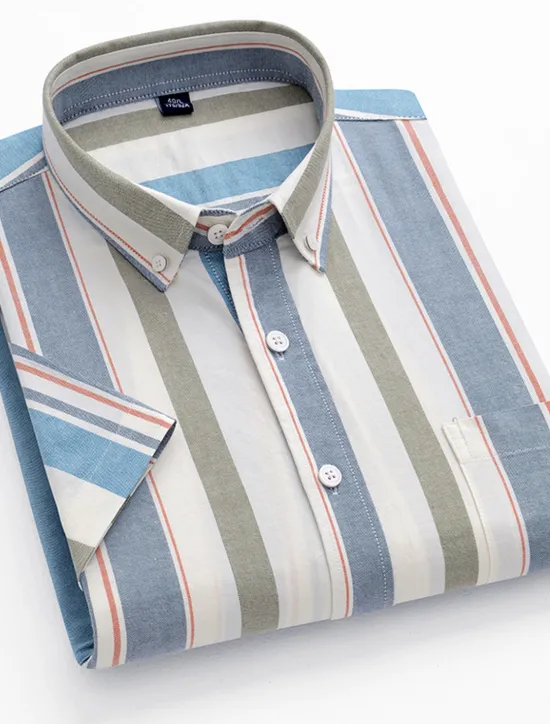 OUKU Men's Dress Shirt Striped Shirt Button Down Shirt Oxford Shirt Stripe Wedding Office & Career Black Light Green Royal Blue Blue Short Sleeve Shirt Collar Summer Clothing Apparel Print