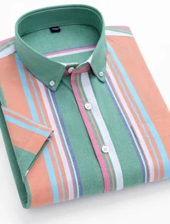 OUKU Men's Dress Shirt Striped Shirt Button Down Shirt Oxford Shirt Stripe Wedding Office & Career Black Light Green Royal Blue Blue Short Sleeve Shirt Collar Summer Clothing Apparel Print
