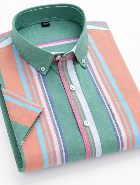 OUKU Men's Dress Shirt Striped Shirt Button Down Shirt Oxford Shirt Stripe Wedding Office & Career Black Light Green Royal Blue Blue Short Sleeve Shirt Collar Summer Clothing Apparel Print
