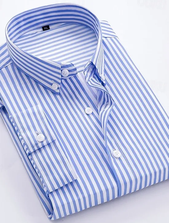 Discount OUKU Men's Dress Shirt Striped Shirt Button Down Shirt Collared Shirt Striped Wedding Back to Office Black White Red Navy Blue Long Sleeve Clothing Apparel