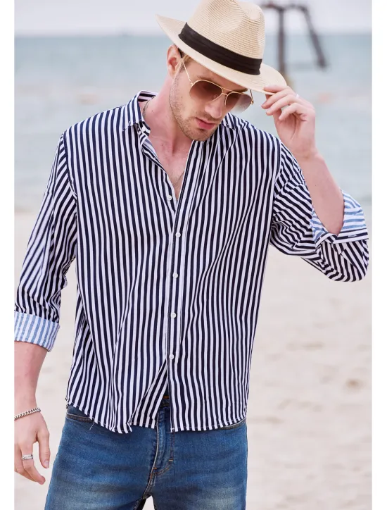 Discount OUKU Men's Dress Shirt Striped Shirt Button Down Shirt Collared Shirt Striped Wedding Back to Office Black White Red Navy Blue Long Sleeve Clothing Apparel