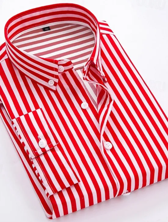 Discount OUKU Men's Dress Shirt Striped Shirt Button Down Shirt Collared Shirt Striped Wedding Back to Office Black White Red Navy Blue Long Sleeve Clothing Apparel