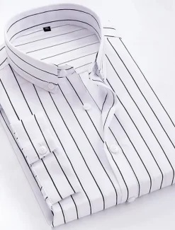 Discount OUKU Men's Dress Shirt Striped Shirt Button Down Shirt Collared Shirt Striped Wedding Back to Office Black White Red Navy Blue Long Sleeve Clothing Apparel