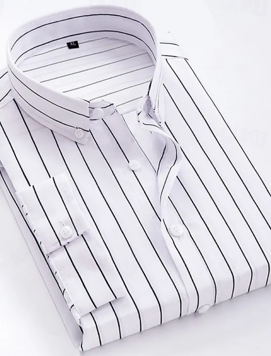 Discount OUKU Men's Dress Shirt Striped Shirt Button Down Shirt Collared Shirt Striped Wedding Back to Office Black White Red Navy Blue Long Sleeve Clothing Apparel