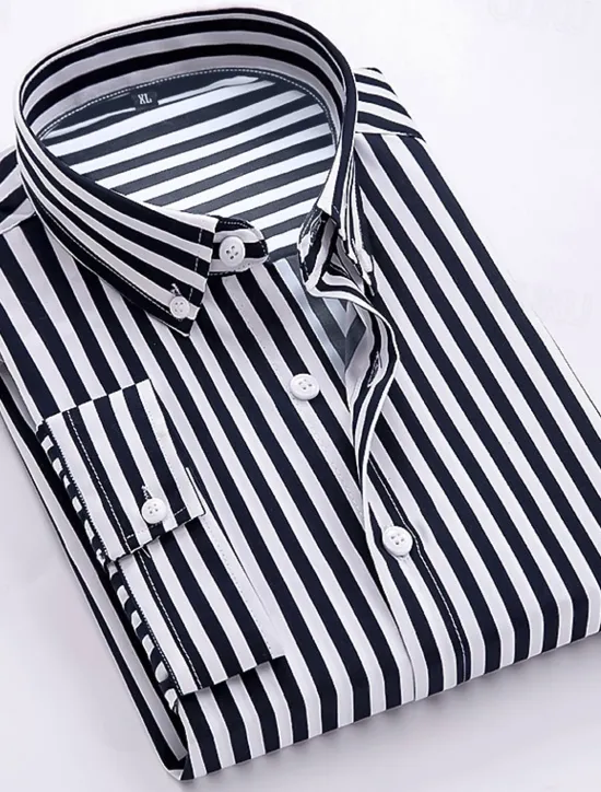 Discount OUKU Men's Dress Shirt Striped Shirt Button Down Shirt Collared Shirt Striped Wedding Back to Office Black White Red Navy Blue Long Sleeve Clothing Apparel