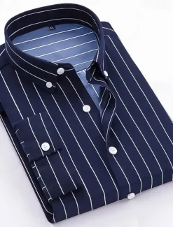 Discount OUKU Men's Dress Shirt Striped Shirt Button Down Shirt Collared Shirt Striped Wedding Back to Office Black White Red Navy Blue Long Sleeve Clothing Apparel