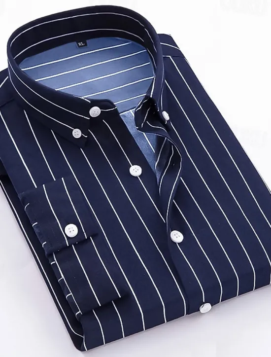 Discount OUKU Men's Dress Shirt Striped Shirt Button Down Shirt Collared Shirt Striped Wedding Back to Office Black White Red Navy Blue Long Sleeve Clothing Apparel