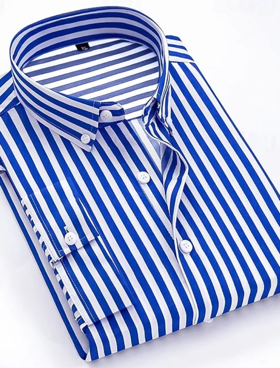 Discount OUKU Men's Dress Shirt Striped Shirt Button Down Shirt Collared Shirt Striped Wedding Back to Office Black White Red Navy Blue Long Sleeve Clothing Apparel