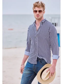 Discount OUKU Men's Dress Shirt Striped Shirt Button Down Shirt Collared Shirt Striped Wedding Back to Office Black White Red Navy Blue Long Sleeve Clothing Apparel