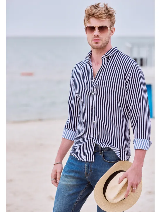 Discount OUKU Men's Dress Shirt Striped Shirt Button Down Shirt Collared Shirt Striped Wedding Back to Office Black White Red Navy Blue Long Sleeve Clothing Apparel