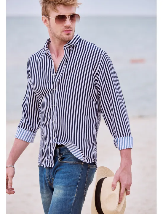 Discount OUKU Men's Dress Shirt Striped Shirt Button Down Shirt Collared Shirt Striped Wedding Back to Office Black White Red Navy Blue Long Sleeve Clothing Apparel