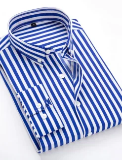 OUKU Men's Dress Shirt Striped Shirt Button Down Shirt Collared Shirt Striped Wedding Daily Black White Red Navy Blue Long Sleeve Classic Collar Clothing Apparel