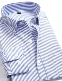 Hot OUKU Men's Dress Shirt Striped Shirt Button Down Shirt Oxford Shirt Stripes and Plaid Wedding Office & Career Pink Blue Light Purple Light Grey Long Sleeve Shirt Collar All Seasons Clothing Apparel Buckle