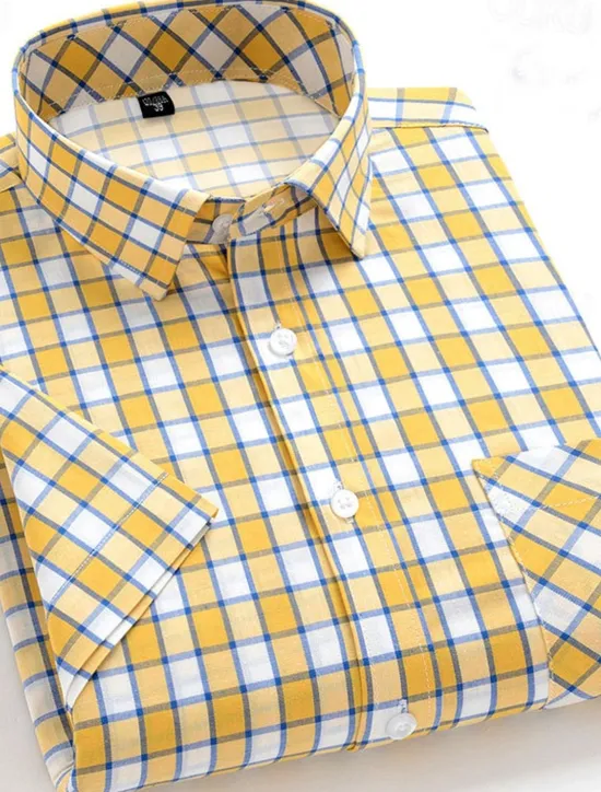 Discount OUKU Men's Dress Shirt Stripes and Plaid Office & Career Office Party Light Blue Black Dark Red Yellow Short Sleeve Turndown Spring & Summer Clothing Apparel