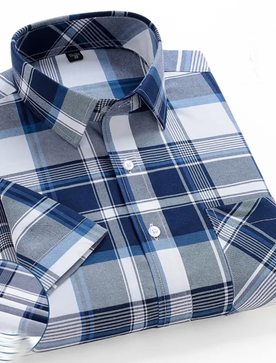 Discount OUKU Men's Dress Shirt Stripes and Plaid Office & Career Office Party Light Blue Black Dark Red Yellow Short Sleeve Turndown Spring & Summer Clothing Apparel