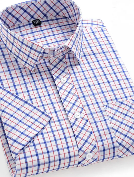 Discount OUKU Men's Dress Shirt Stripes and Plaid Office & Career Office Party Light Blue Black Dark Red Yellow Short Sleeve Turndown Spring & Summer Clothing Apparel