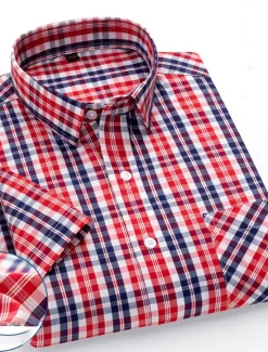 Discount OUKU Men's Dress Shirt Stripes and Plaid Office & Career Office Party Light Blue Black Dark Red Yellow Short Sleeve Turndown Spring & Summer Clothing Apparel